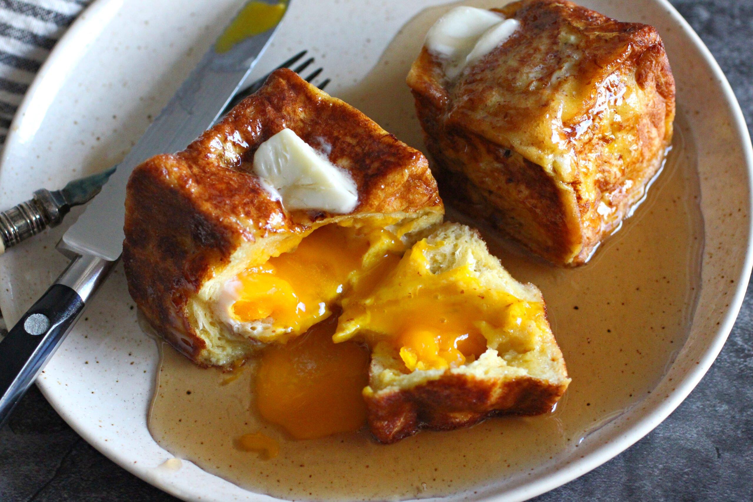 steak frites french toast with runny egg yolk