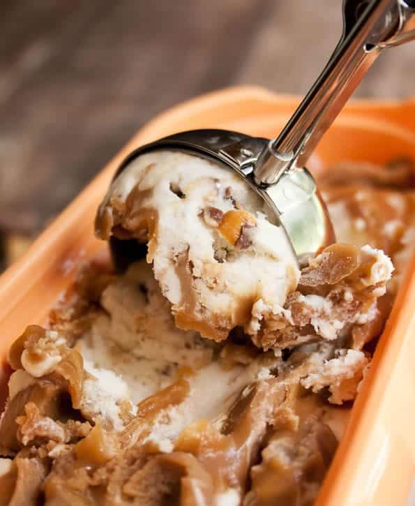 finished peanut butter pretzel ice cream being swirled in a container