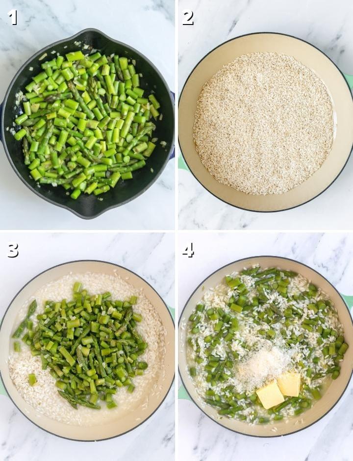 A step-by-step image collage showing the preparation and cooking process of the Asparagus Risotto with Wild Rice.