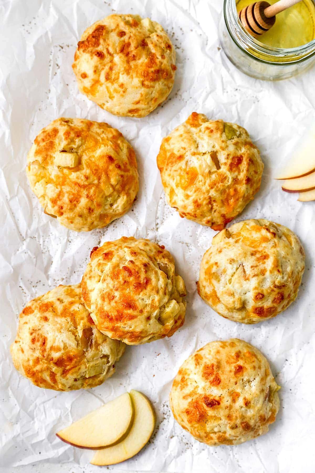 close up view of apple cheddar biscuits
