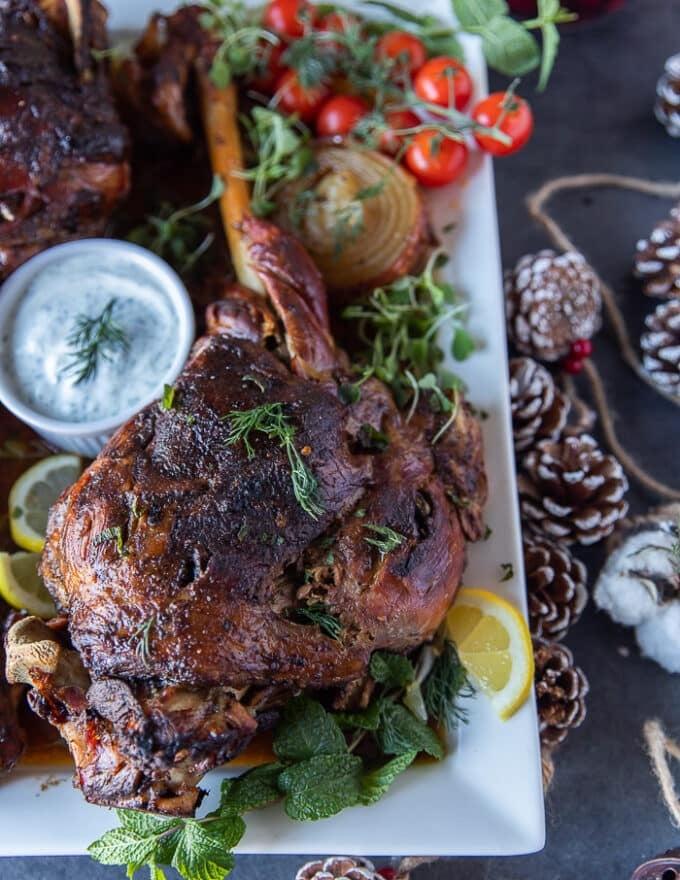 Close up of a beautifully roasted lamb leg