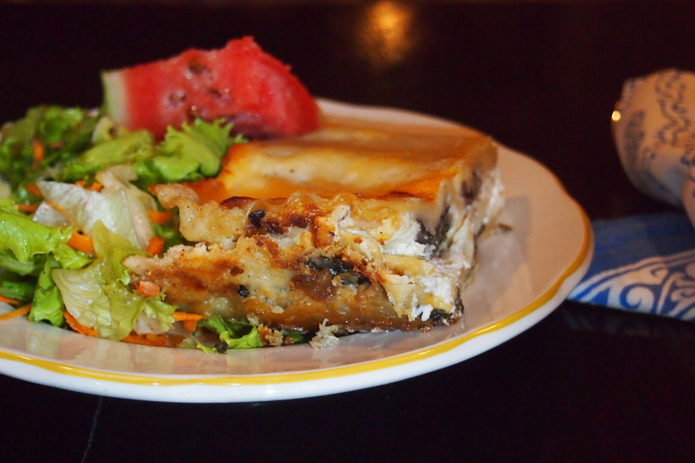 Callaloo Lasagna on a wooden table