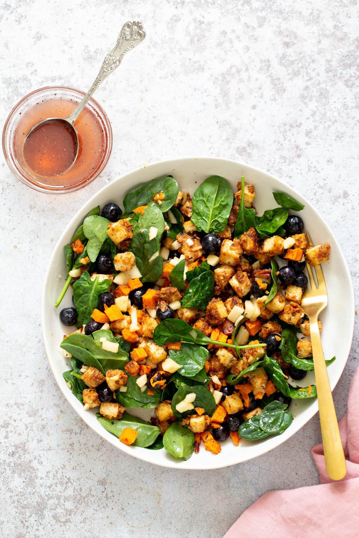 maple glazed tofu bowl with roasted sweet potatoes