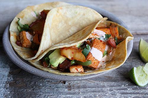 Korean kimchi bacon fusion tacos