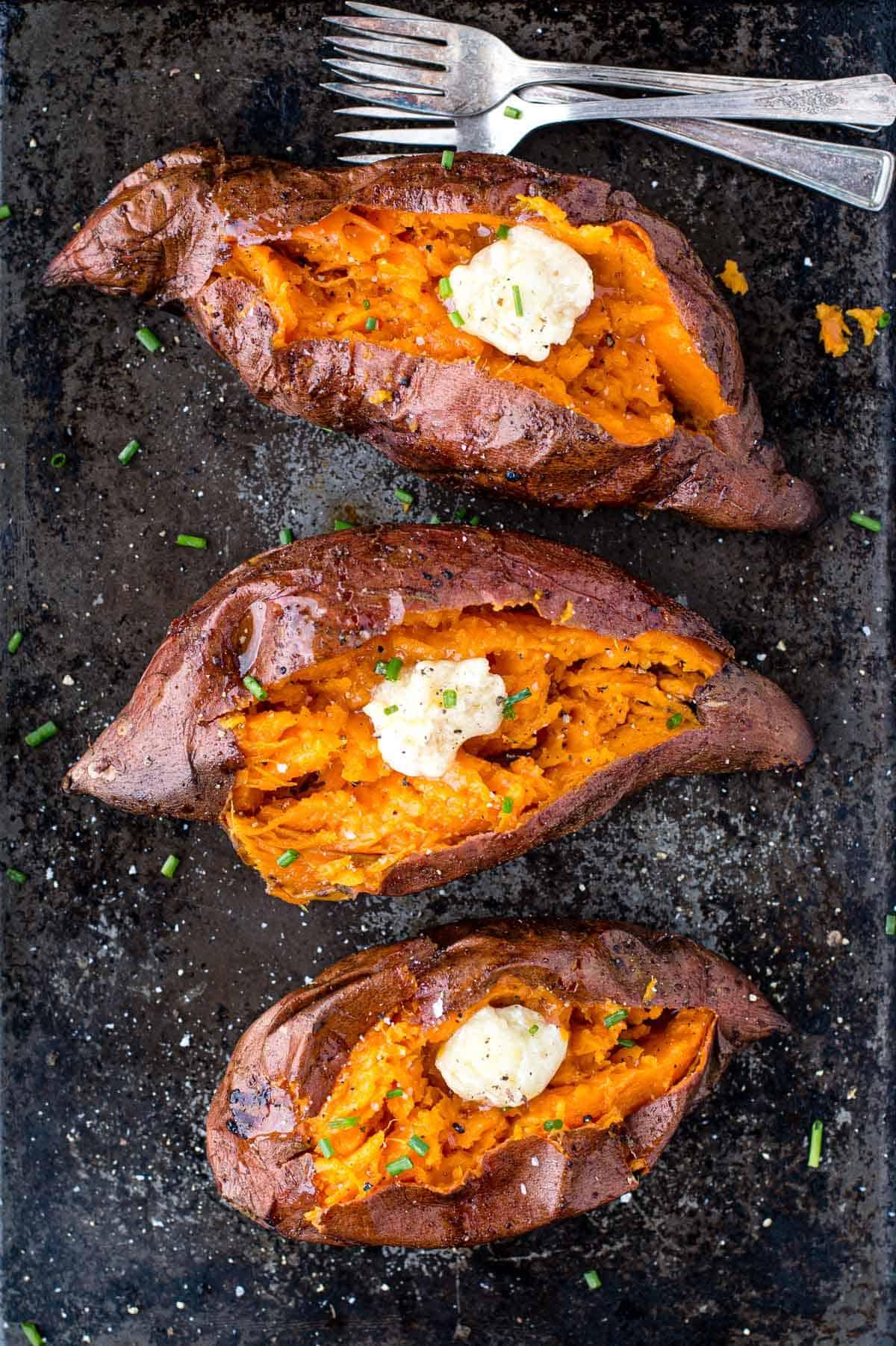 Smoked sweet potatoes on a grill