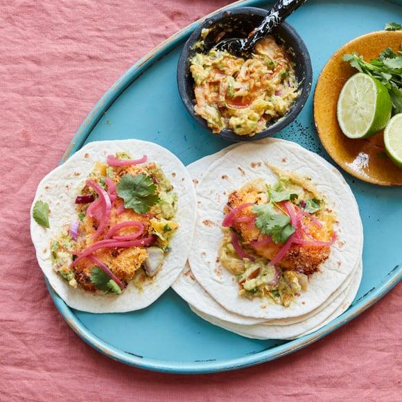 Close up shot of finished kimchi fish tacos