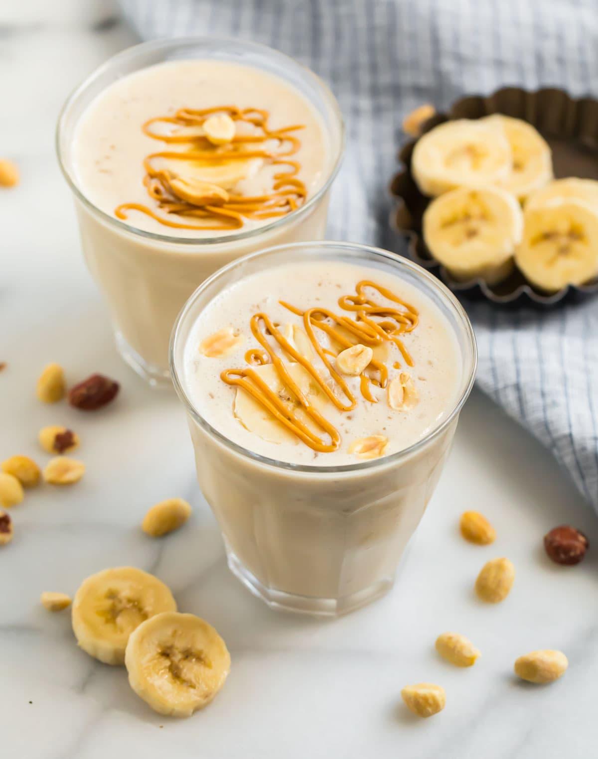 creamy peanut butter smoothie in a glass