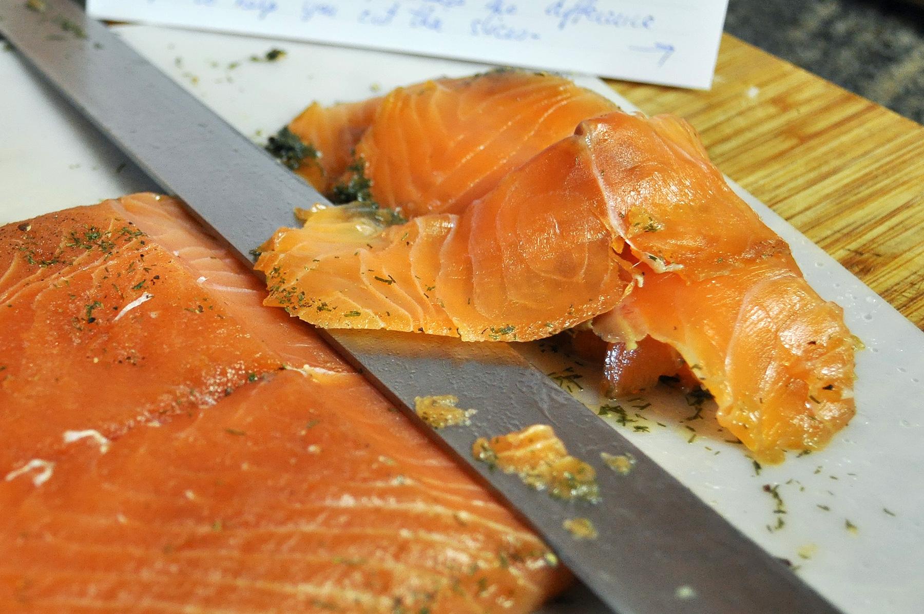 Close-up of smoked paprika gravlax being prepared