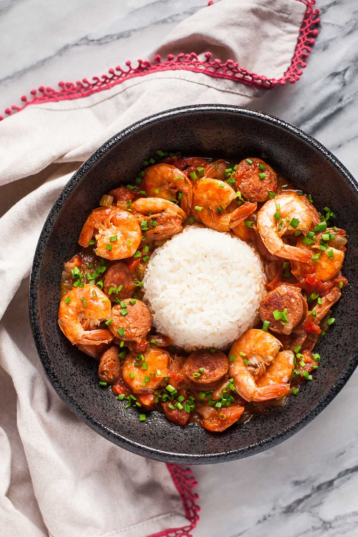 Spicy shrimp stew with andouille sausage in an Instant Pot