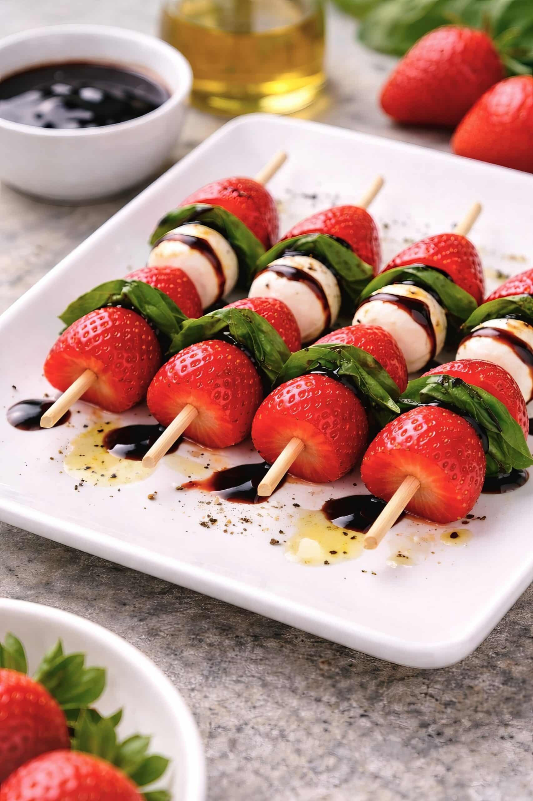 beautifully arranged caprese skewers with balsamic glaze on a white platter