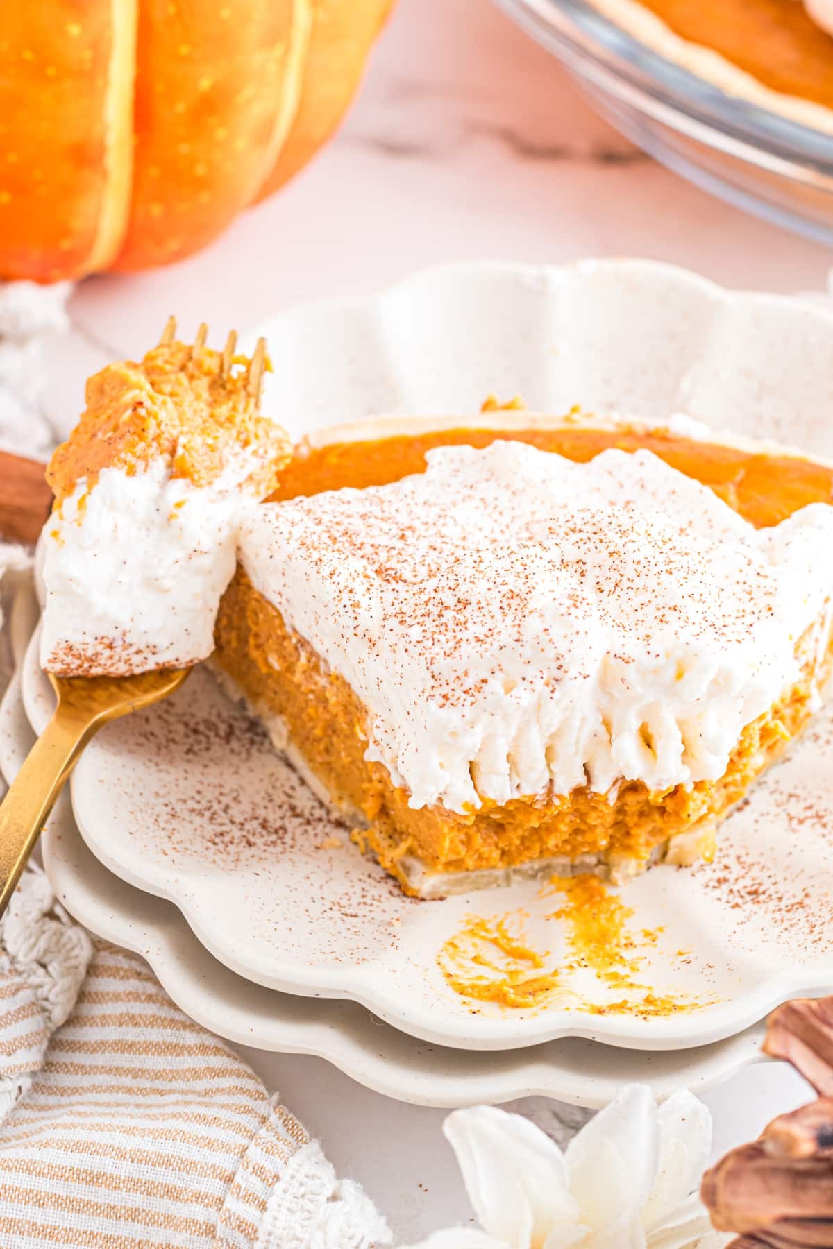 gorgeous slice of vanilla pumpkin pie with fresh whipped cream and cinnamon dusting