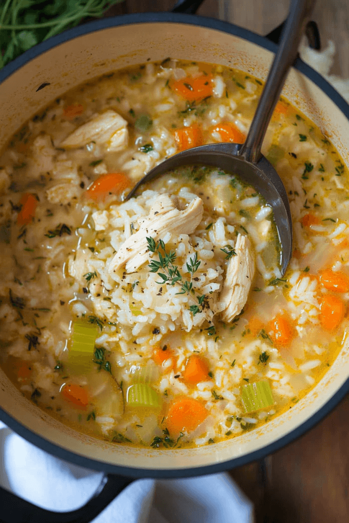 A steaming bowl of chicken rice soup garnished with fresh parsley