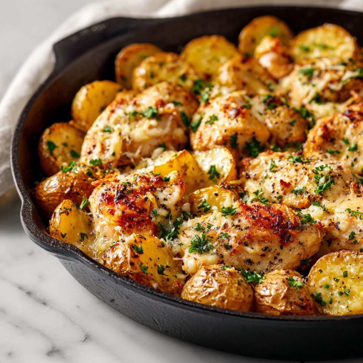 Rustic oven-baked garlic parmesan chicken and potatoes on a sheet pan, garnished with fresh parsley, in a warm kitchen setting.