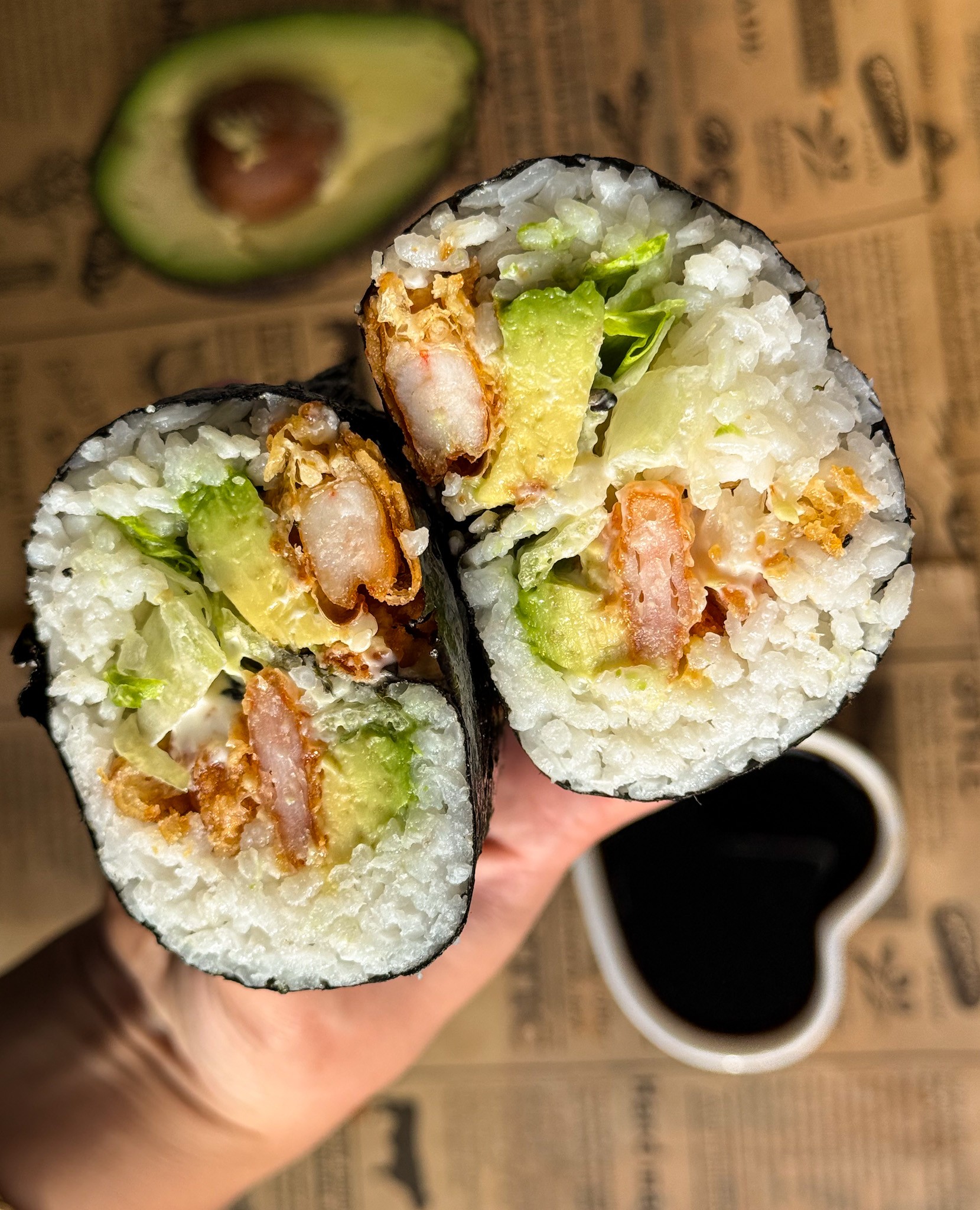 tempura shrimp and vegetable burrito with dipping sauce