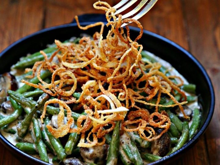 Delicious crispy onion green bean bake fresh from the oven, golden brown