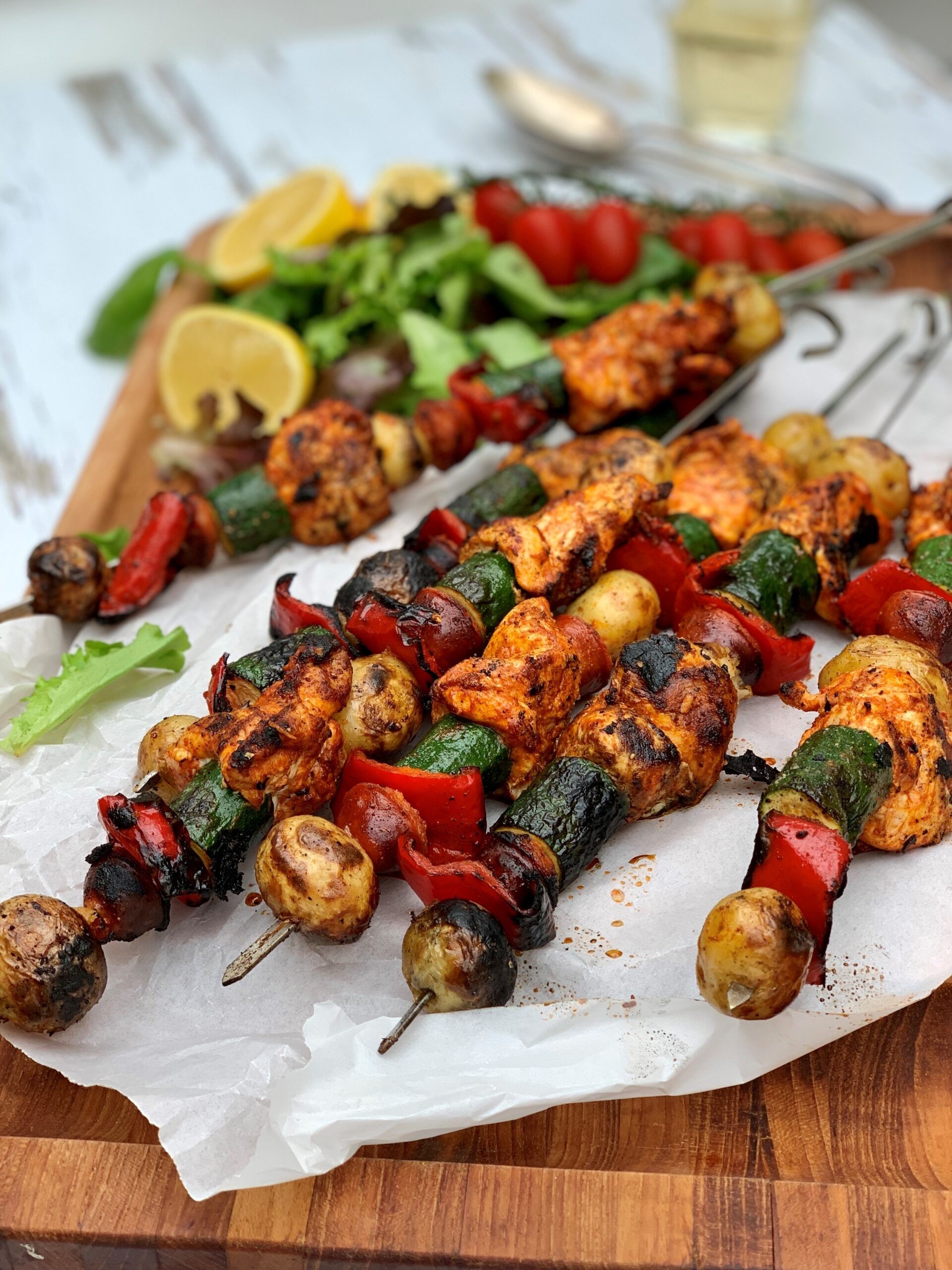 Smoked paprika chicken and chorizo kebabs with grilled potatoes