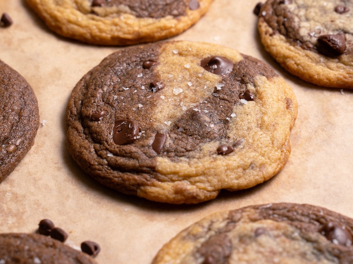close-up shot of chewy chocolate marble cookies on a cooling rack, freshly baked