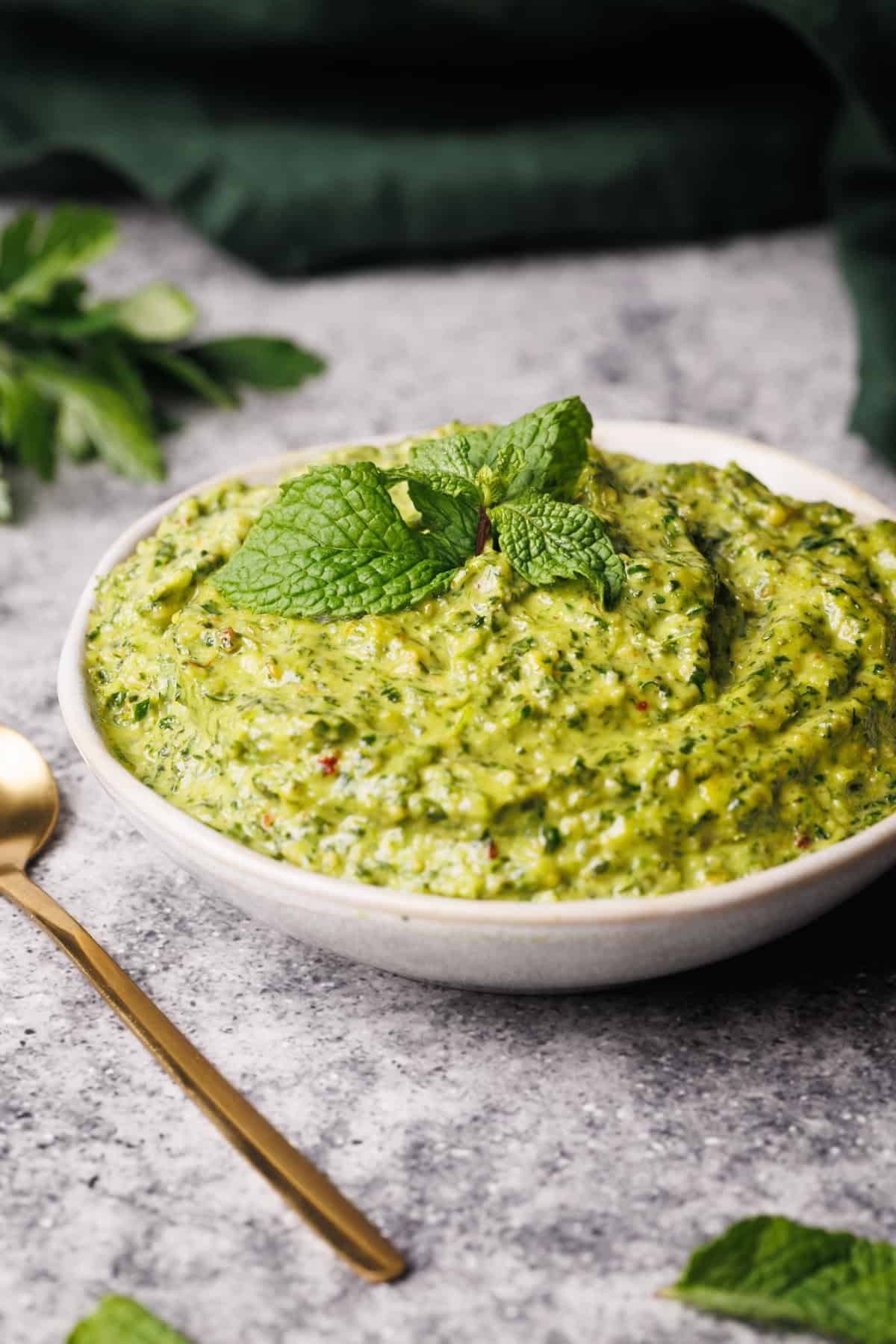 Creamy cashew cheese with vibrant green mint sauce