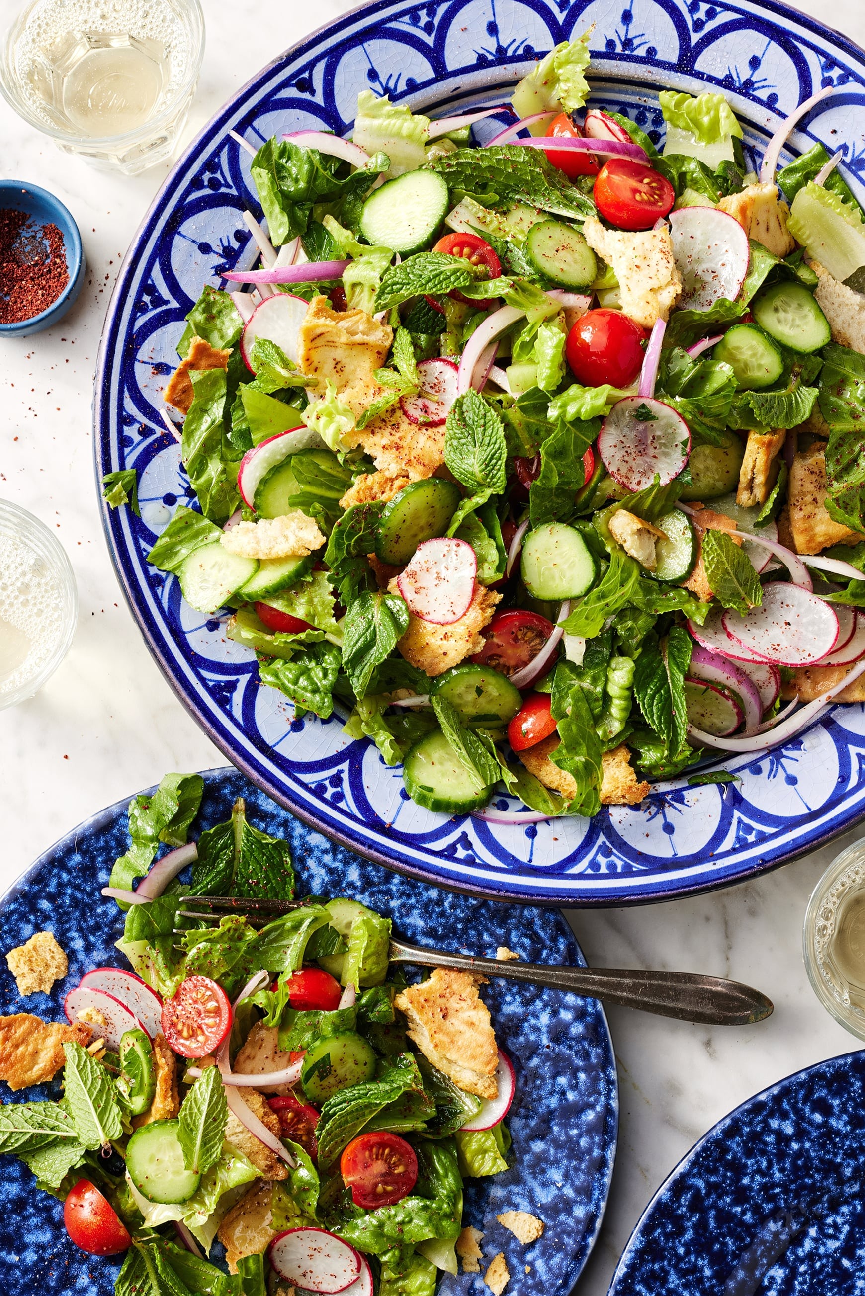 fresh fattoush salad with sprouted grains