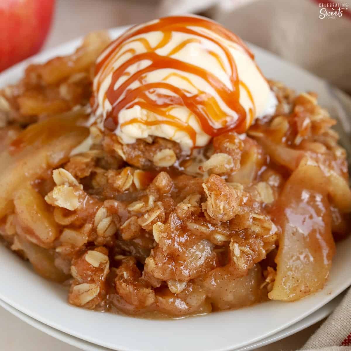 warm apple crisp with vanilla ice cream, autumn leaves