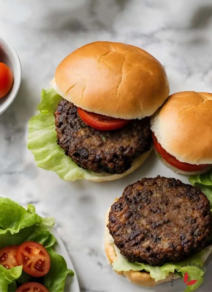 Close-up shot of juicy grilled vegetable and black bean burgers on toasted buns with lettuce, tomato, and onion