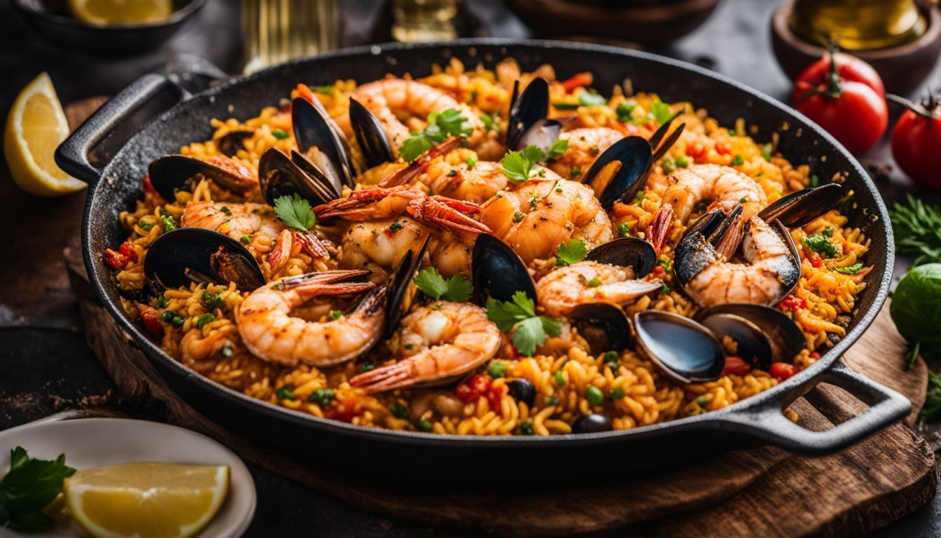 Spicy Shrimp Diablo Paella served in a paella pan, garnished with fresh parsley