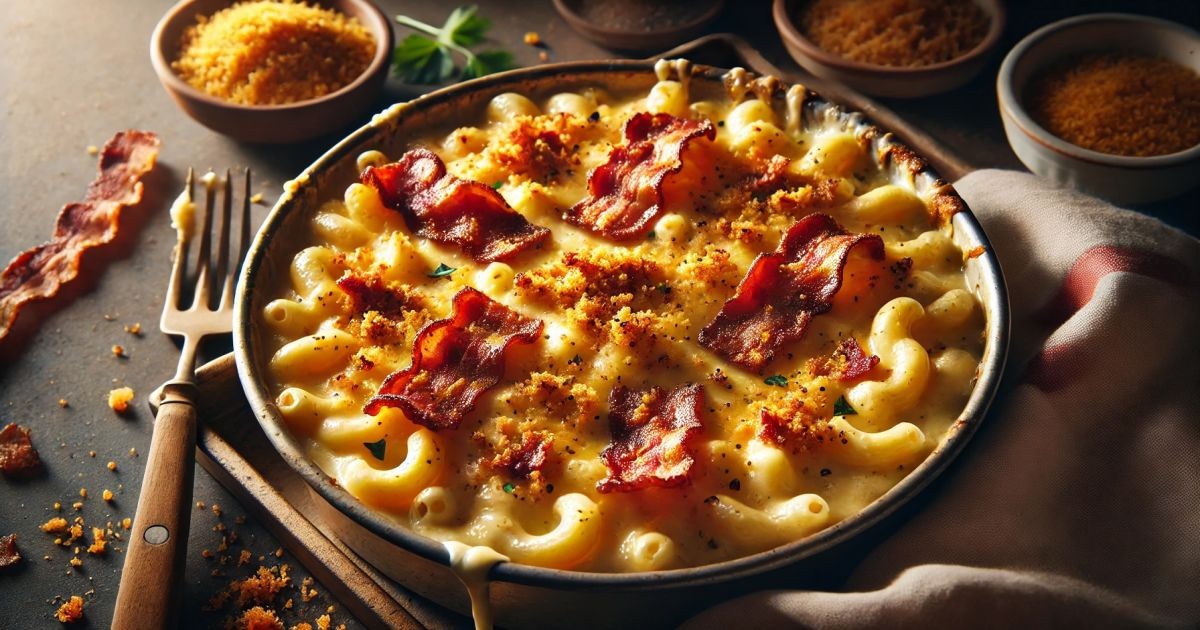 A golden-brown, bubbly 9x13 inch baking dish of cheesy bacon mac and cheese, garnished with bacon bits and parsley.