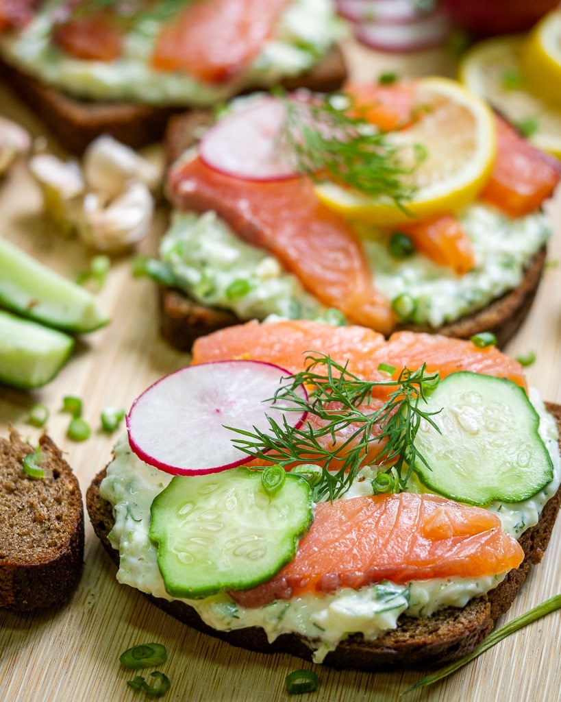Smørrebrød with crispy skin salmon and asparagus on rye bread