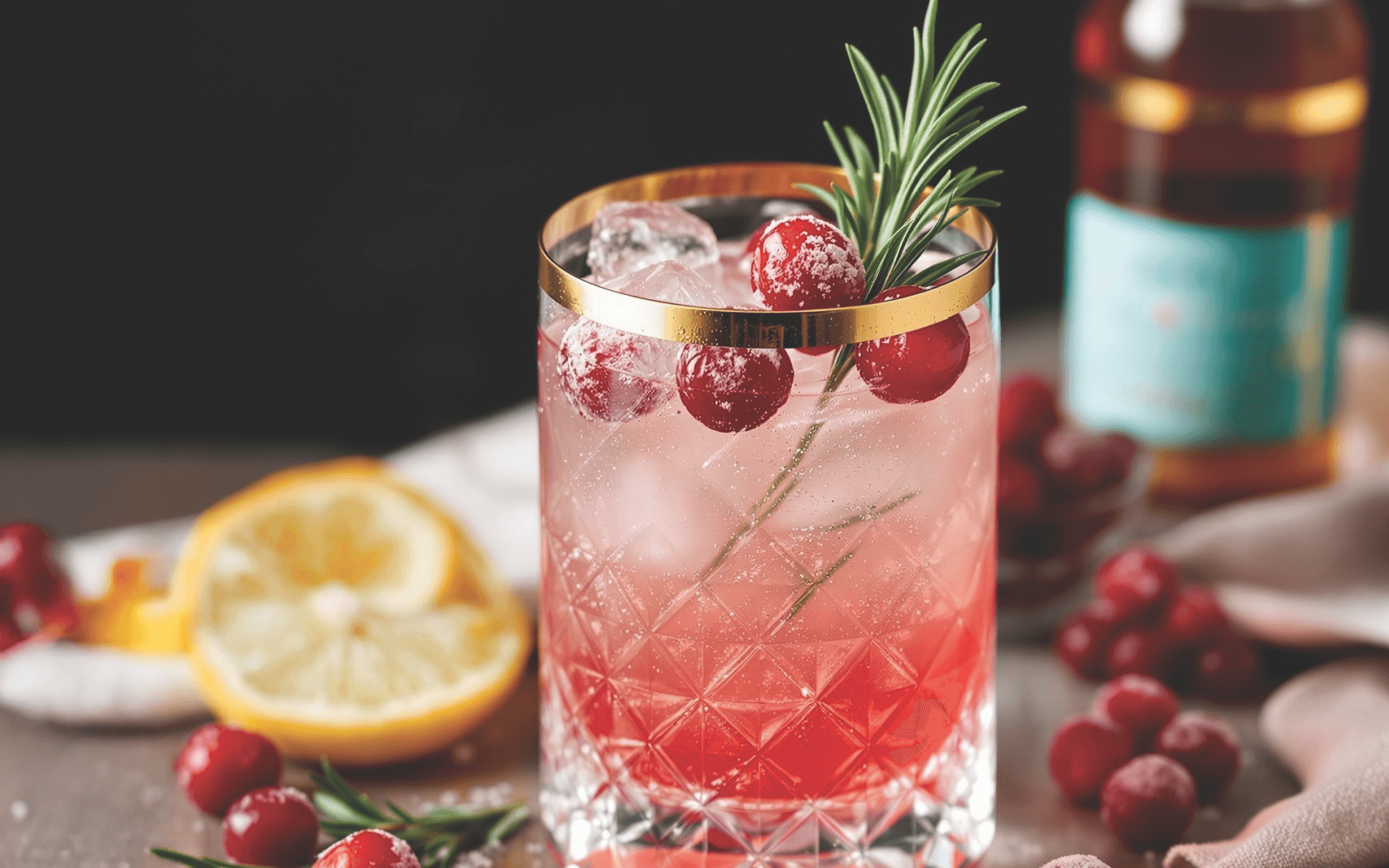 vibrant cranberry spritz with rosemary and lime garnish on a festive holiday table