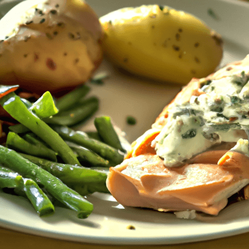 Close-up of a juicy smoked salmon-stuffed chicken breast, garnished with fresh dill