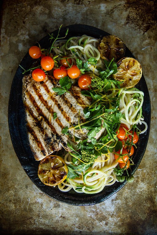 lemon and herb pasta with grilled swordfish