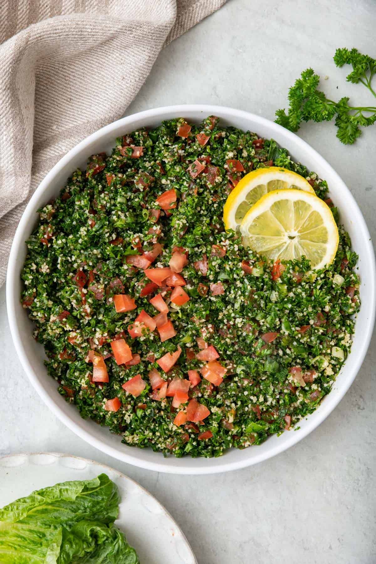freshly made spirulina tabbouleh salad
