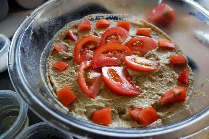 Hungarian paprika eggplant dip served with bread and vegetables