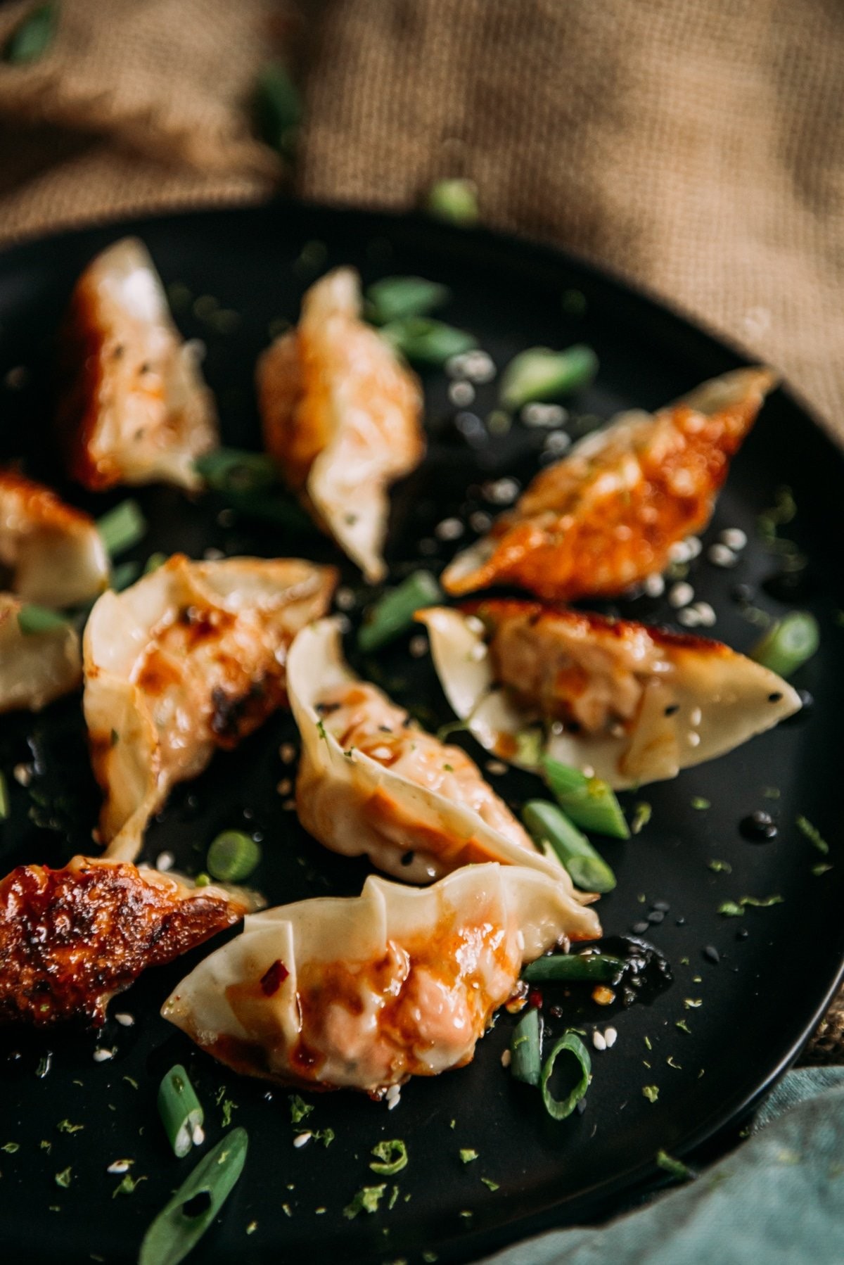 homemade smoked salmon gyoza with ponzu sauce