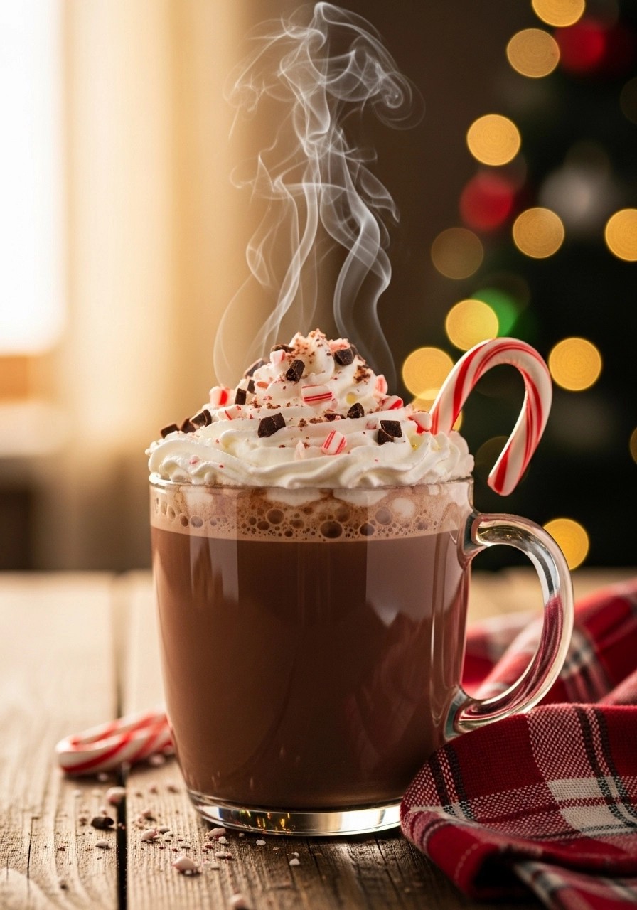 luxurious dark chocolate hot cocoa in a ceramic mug, silky smooth texture, steam rising, cozy setting