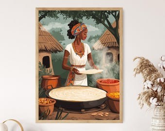 Ethiopian woman cooking Injera and Beso Bela on a traditional griddle