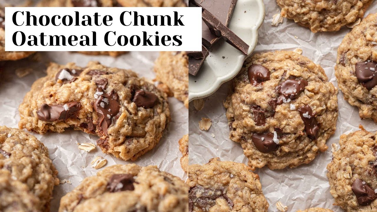 Warm oatmeal chocolate chunk cookies on a cooling rack, some broken to show gooey chocolate, with a glass of milk