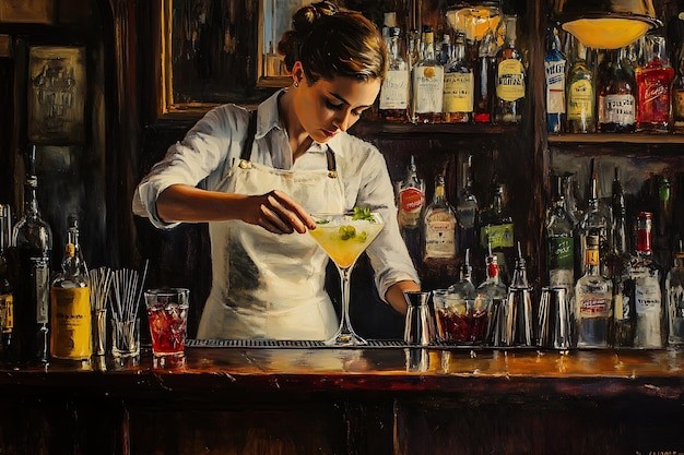 bartender crafting an Amber Allure Alexander cocktail in a dimly lit bar