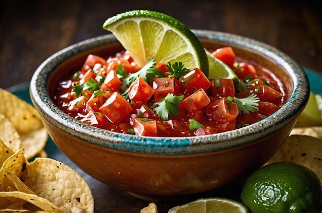 Close-up shot of a vibrant zesty citrus salsa with a bowl of tortilla chips in the background