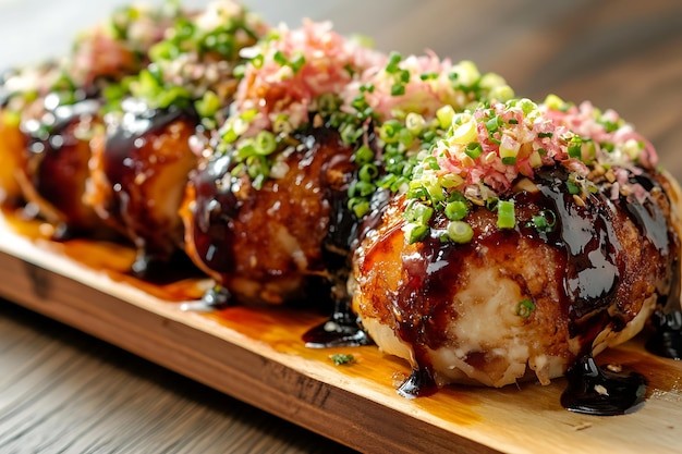 Close-up shot of delicious golden-brown Mushroom Medley Takoyaki on a plate, garnished with green onions and takoyaki sauce
