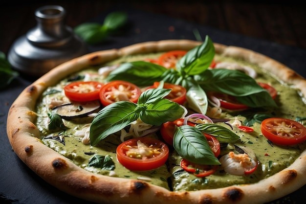 A delicious green curry pizza with fresh basil on a rustic wooden table