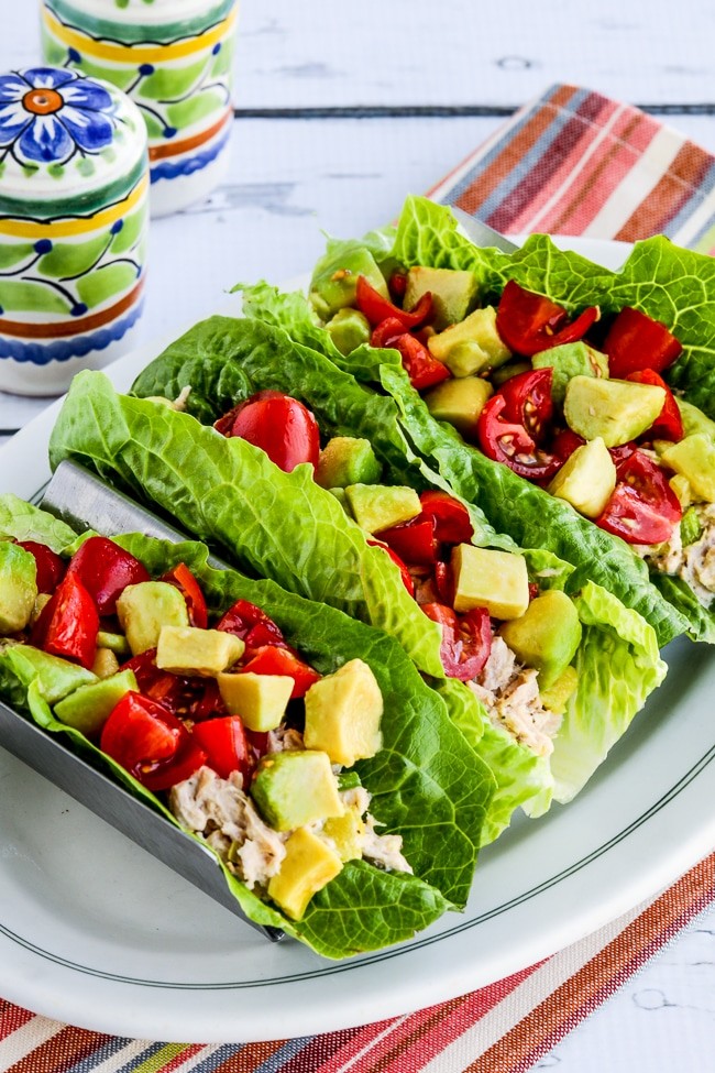 Close-up shot of tuna salad lettuce wraps garnished with celery and olives