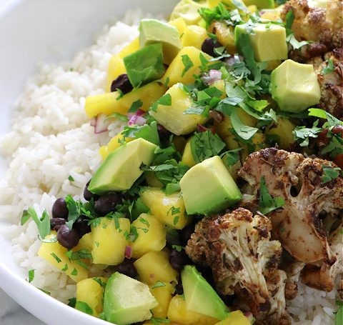 Jamaican jerk cauliflower rice with grilled pineapple