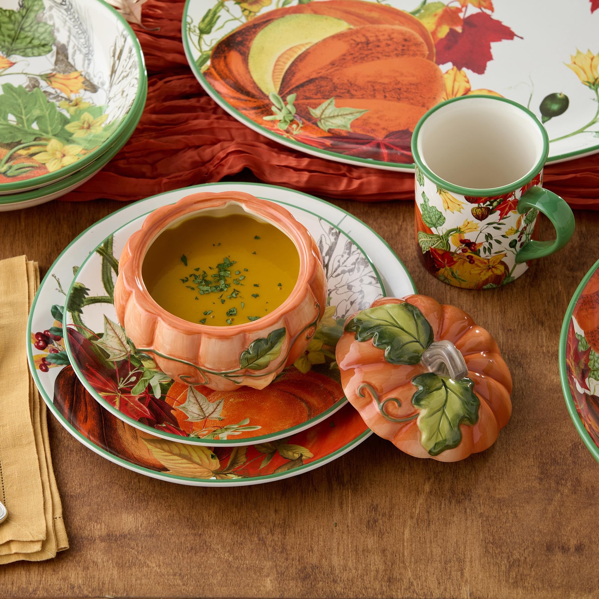 Thanksgiving harvest soup in a rustic bowl with autumn decor