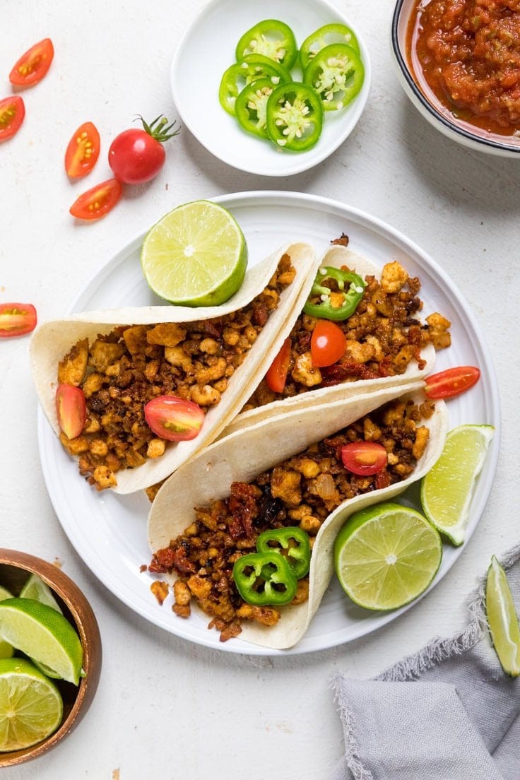 Tofu taco crumbles with cilantro lime in a taco shell