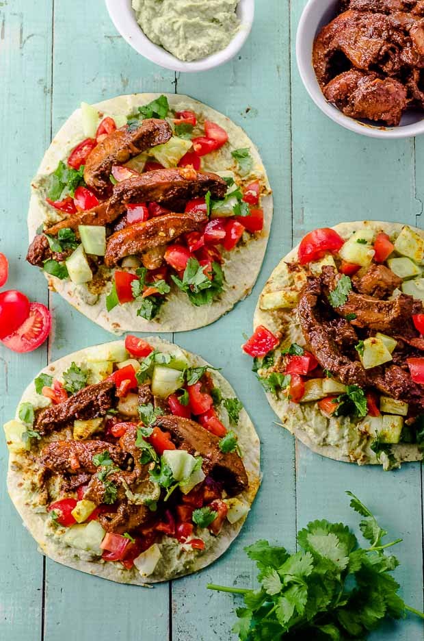 Close-up shot of delicious Mexican Shawarma with Chipotle Peppers & Guacamole