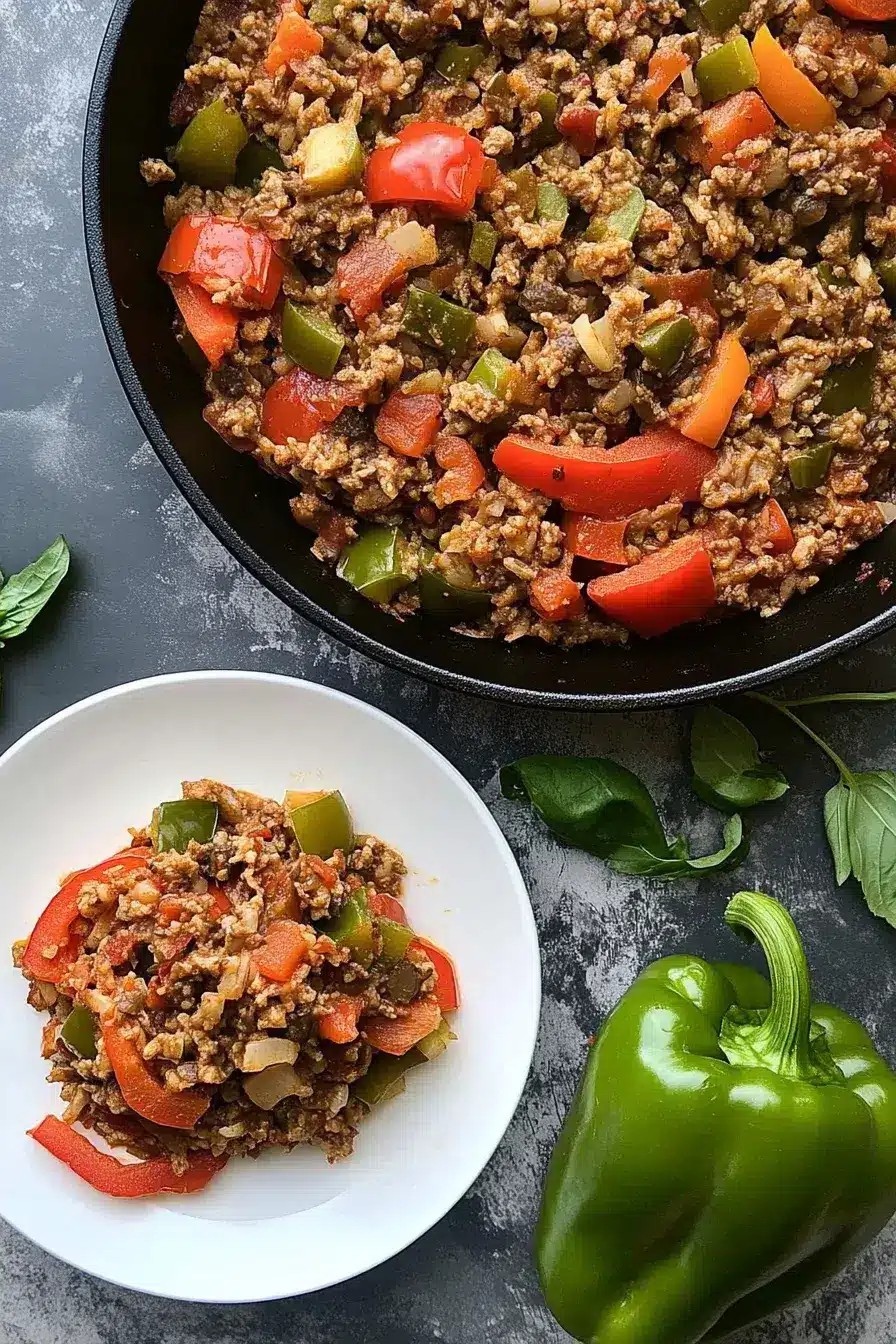 Deconstructed Stuffed Peppers with Cauliflower Rice on a rustic wooden table