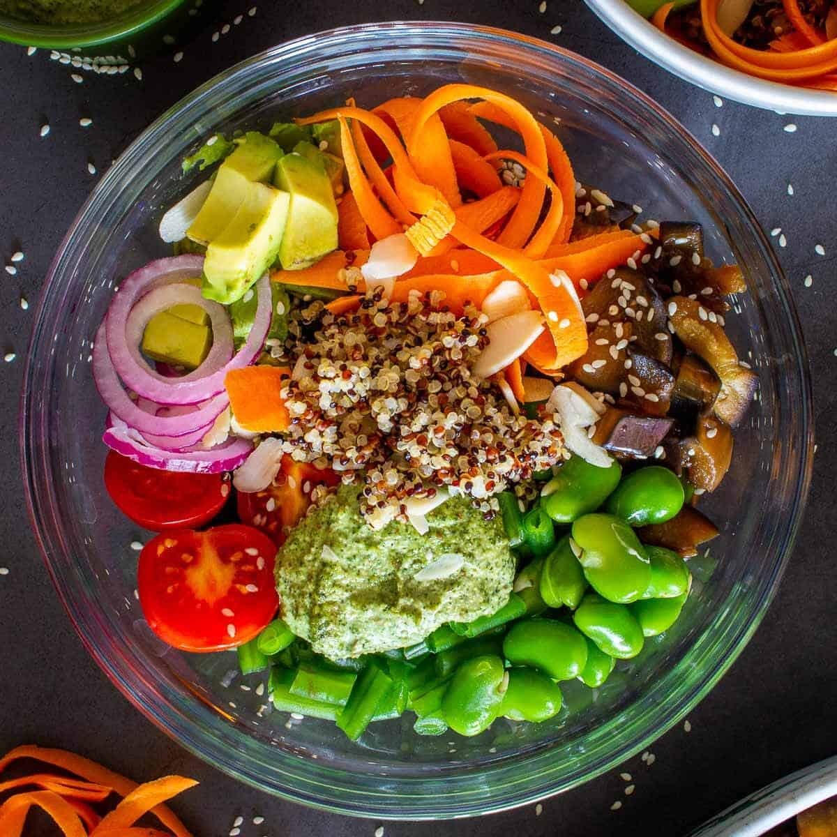 vibrant quinoa power poke bowl with colorful toppings