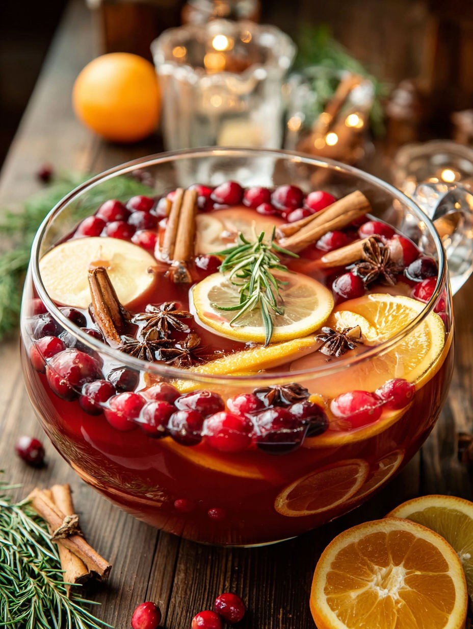 Vibrant holiday spiced rum punch with citrus slices and cranberries in a large punch bowl