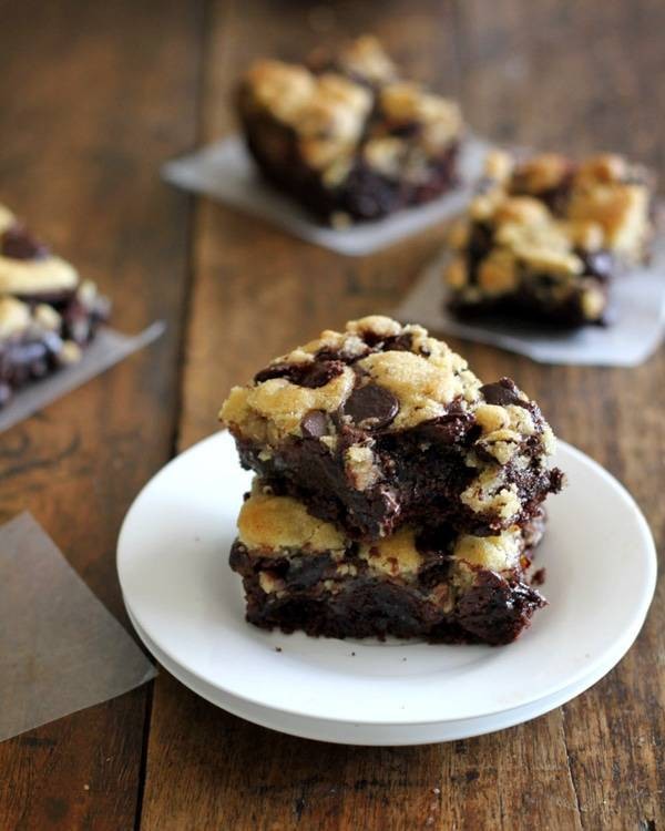 Gooey chocolate chip cookie dough brownies in a baking pan